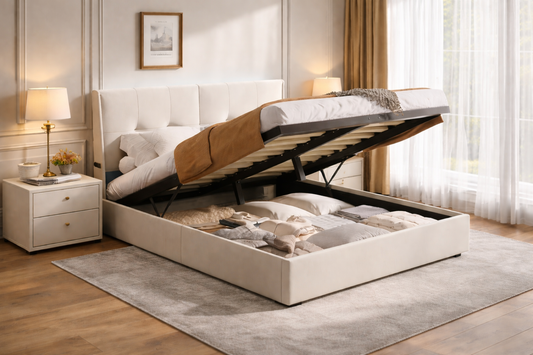 Lit coffre Alba - tissus beige capitonné