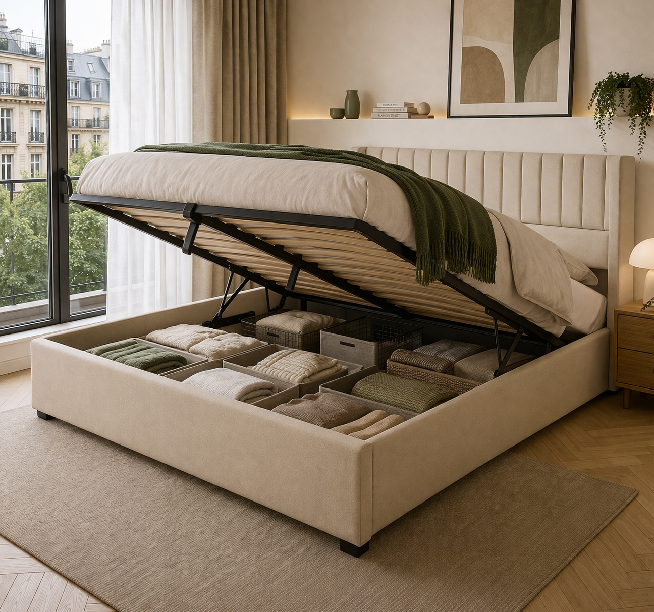 Lit coffre Nova - tissu beige structuré