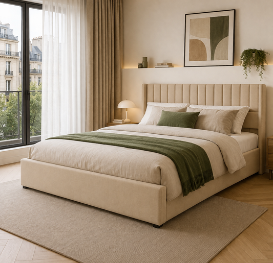 Lit coffre Nova - tissu beige structuré