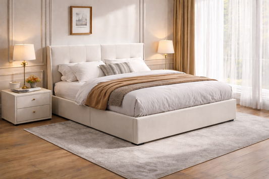 Lit coffre Alba - tissus beige capitonné