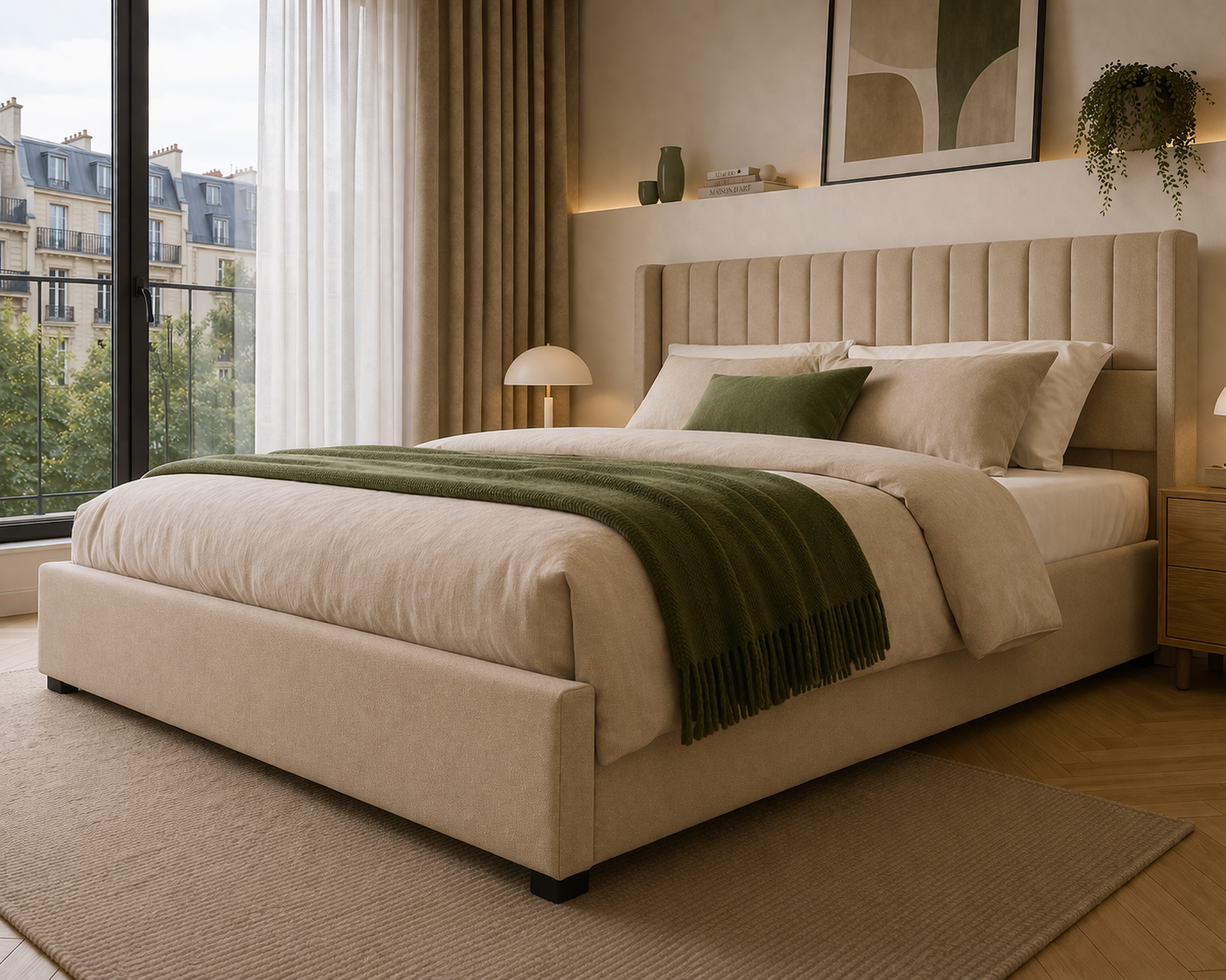 Lit coffre Nova - tissu beige structuré