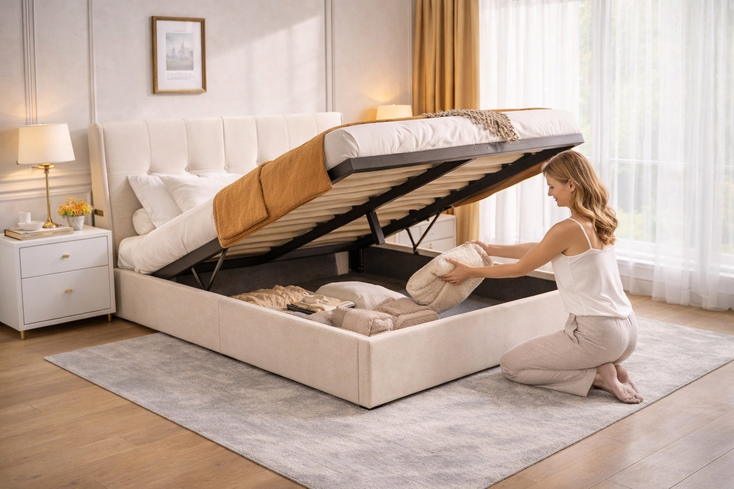 Lit coffre Alba - tissus beige capitonné