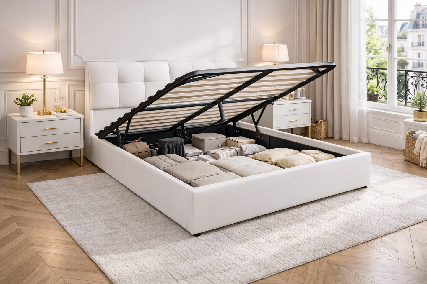Lit Coffre Epure - Tissu blanc premium